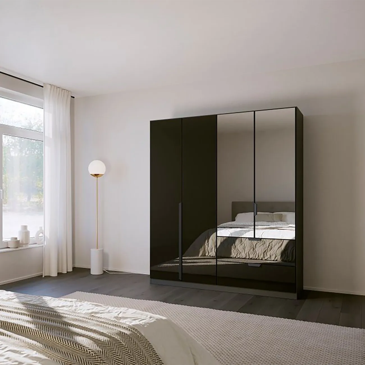 Mulheim 4 Door Basalt Glass Wardrobe with Drawers and Mirror - Pendle Village Furniture