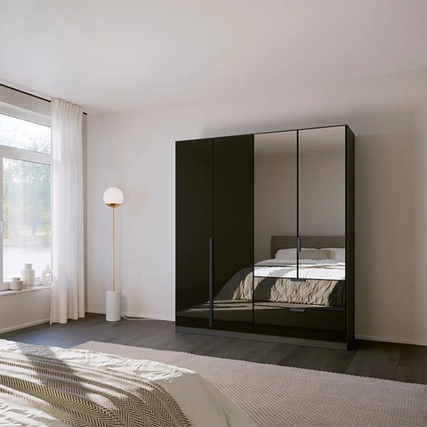 Mulheim 4 Door Basalt Glass Wardrobe with Drawers and Mirror - Pendle Village Furniture