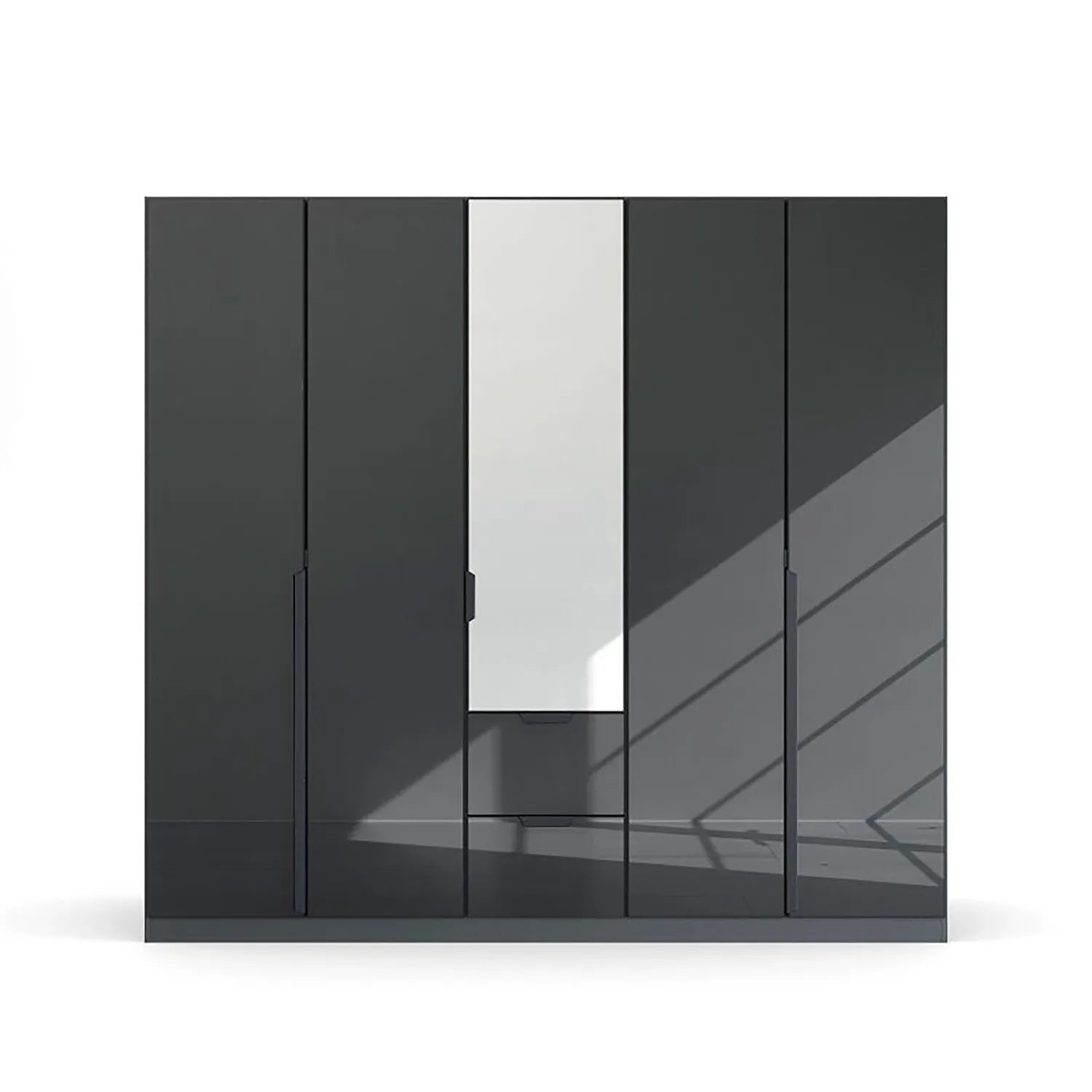 Mulheim 5 Door Basalt Glass Wardrobe with Mirror and Drawers - Front View