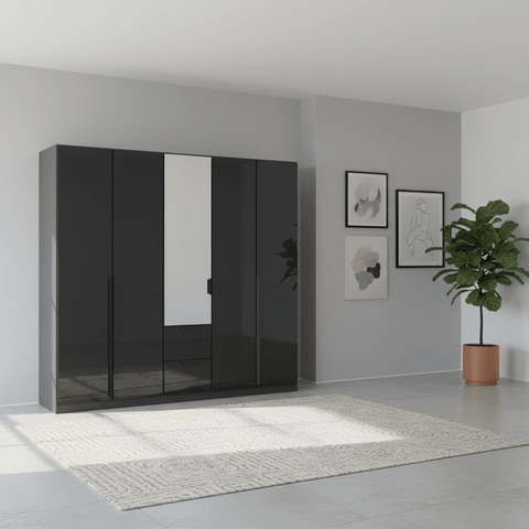 Mulheim 5 Door Basalt Glass Wardrobe with Mirror and Drawers