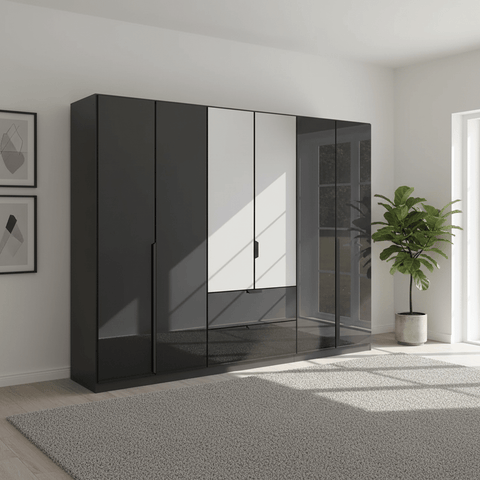 Mulheim 6 Door Basalt Glass Wardrobe with Mirror and Drawers