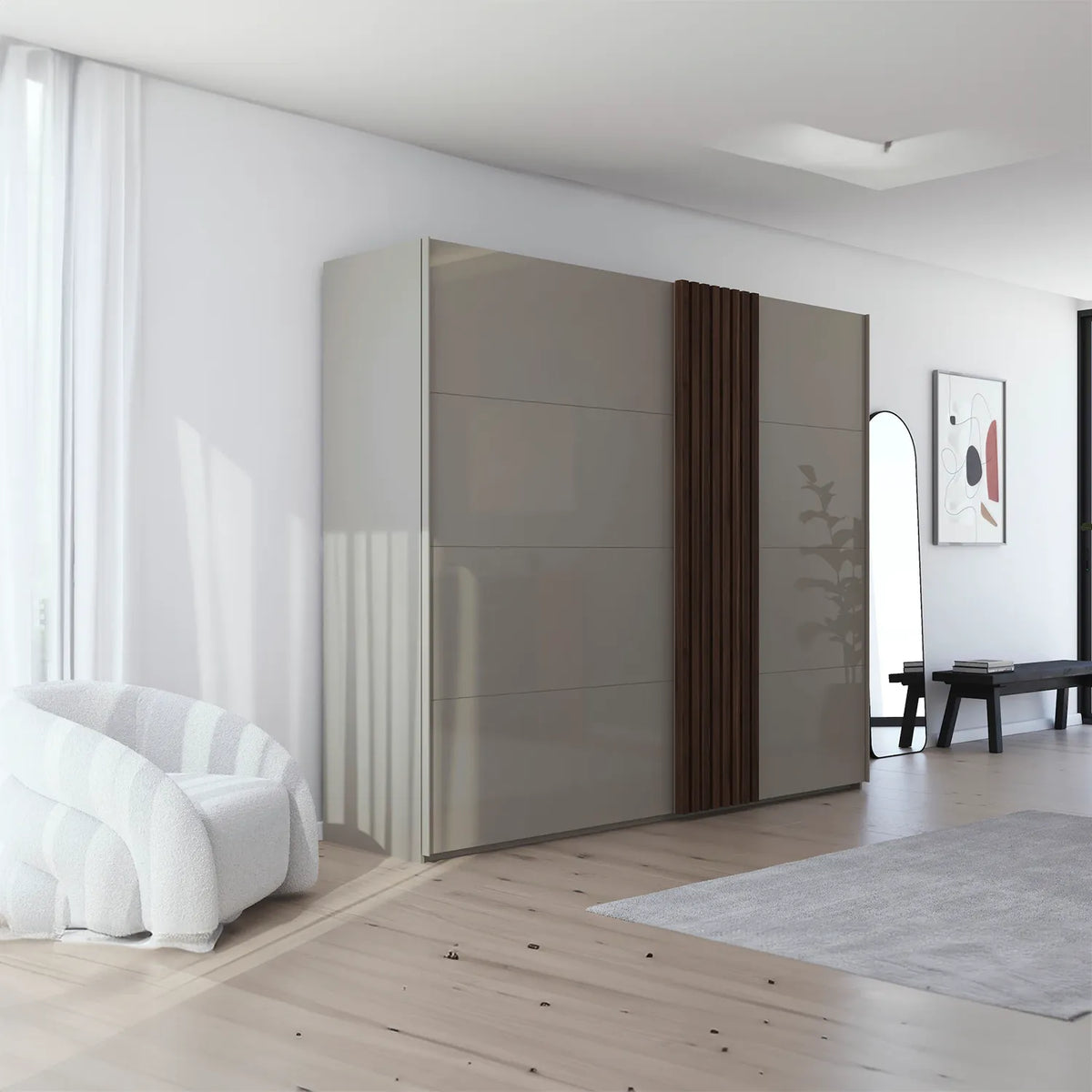 Rauch Tegra Fusion Fango Glass and Walnut Oak Sliding Door Wardrobe - Pendle Village Furniture