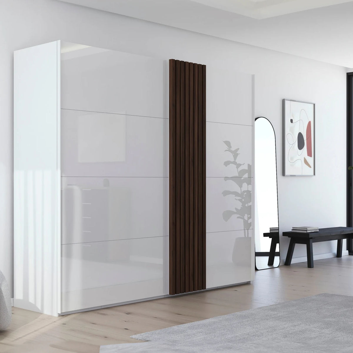 Rauch Tegra Fusion White Glass and Walnut Oak Sliding Door Wardrobe - Pendle Village Furniture
