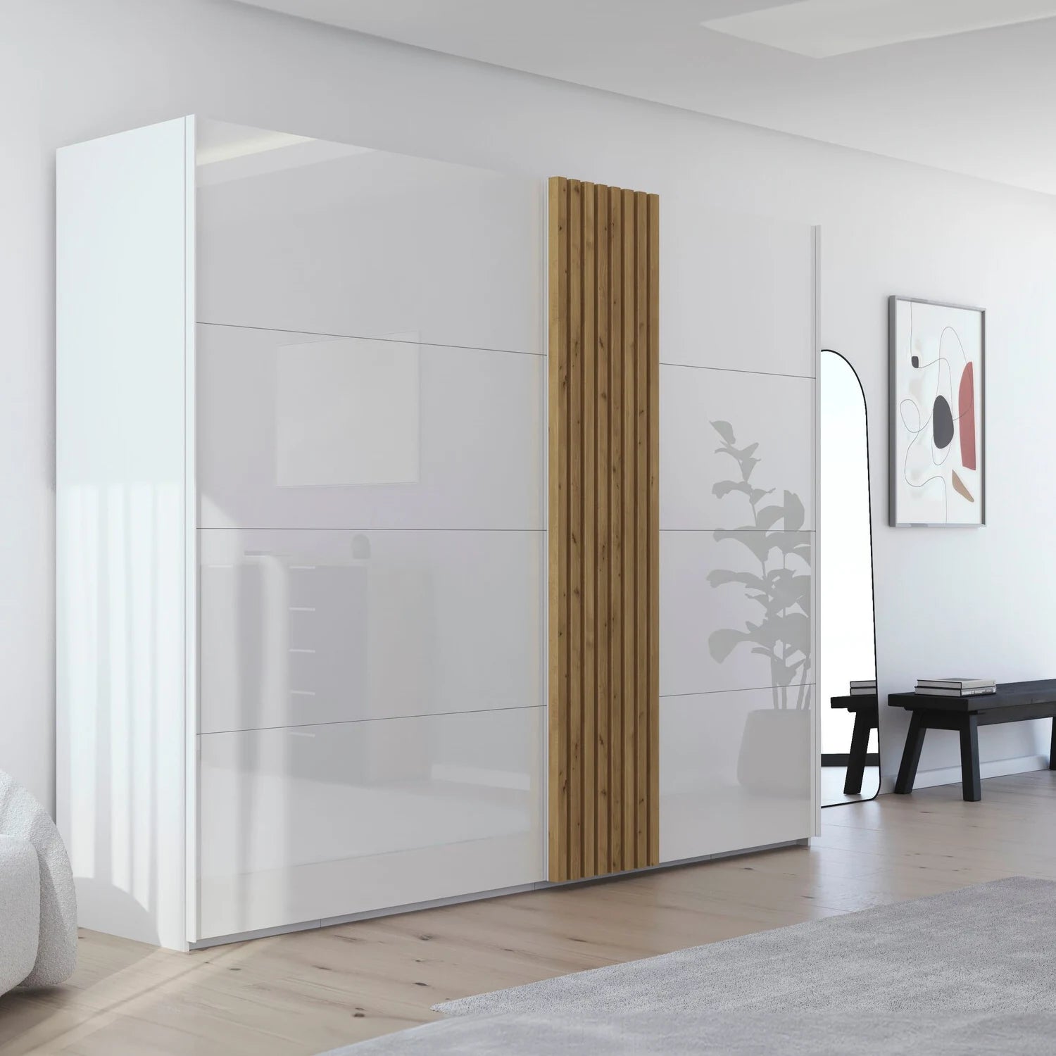 Rauch Tegra Fusion White Glass and Wild Oak Sliding Door Wardrobe - Pendle Village Furniture