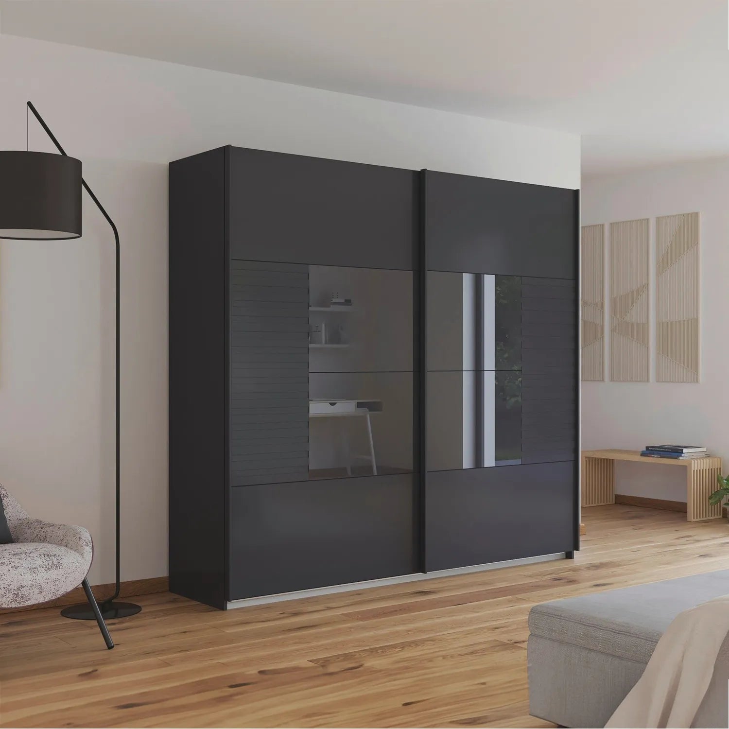 Novaro Graphite & Basalt Glass Sliding Door Wardrobe - Pendle Village Furniture