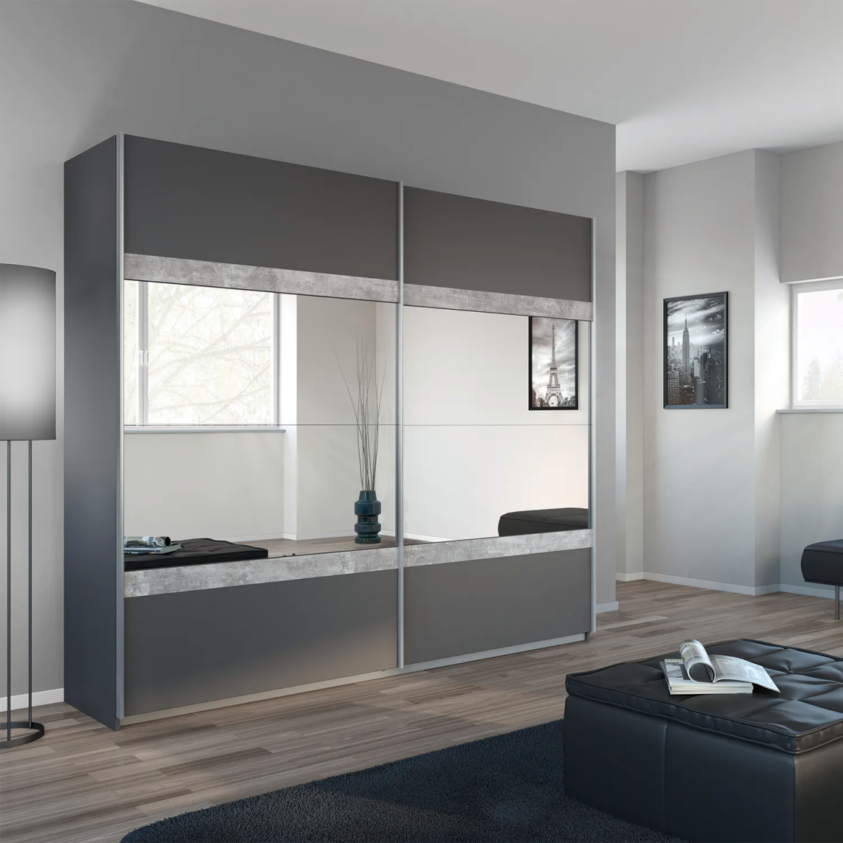 Graphite Sliding Door Wardrobe with Mirror in the Middle fro a quick Delivery