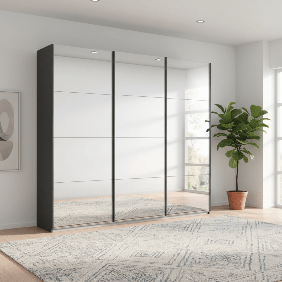 Modern wardrobe with glass doors in a bright room with a plant and rug.