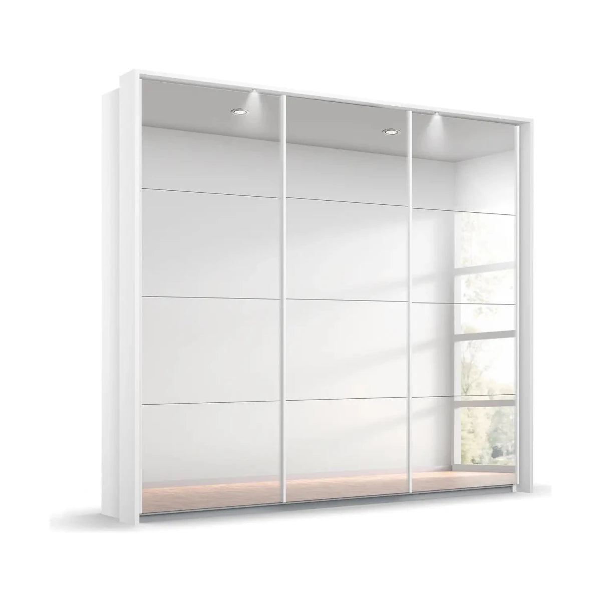 Rauch Prism Wardrobe Carcase White Front Full Mirror.  Width 203cm, Height 210cm and 229cm. We will deliver and Assemble Free of Charge - With Passepartout Light Frame 