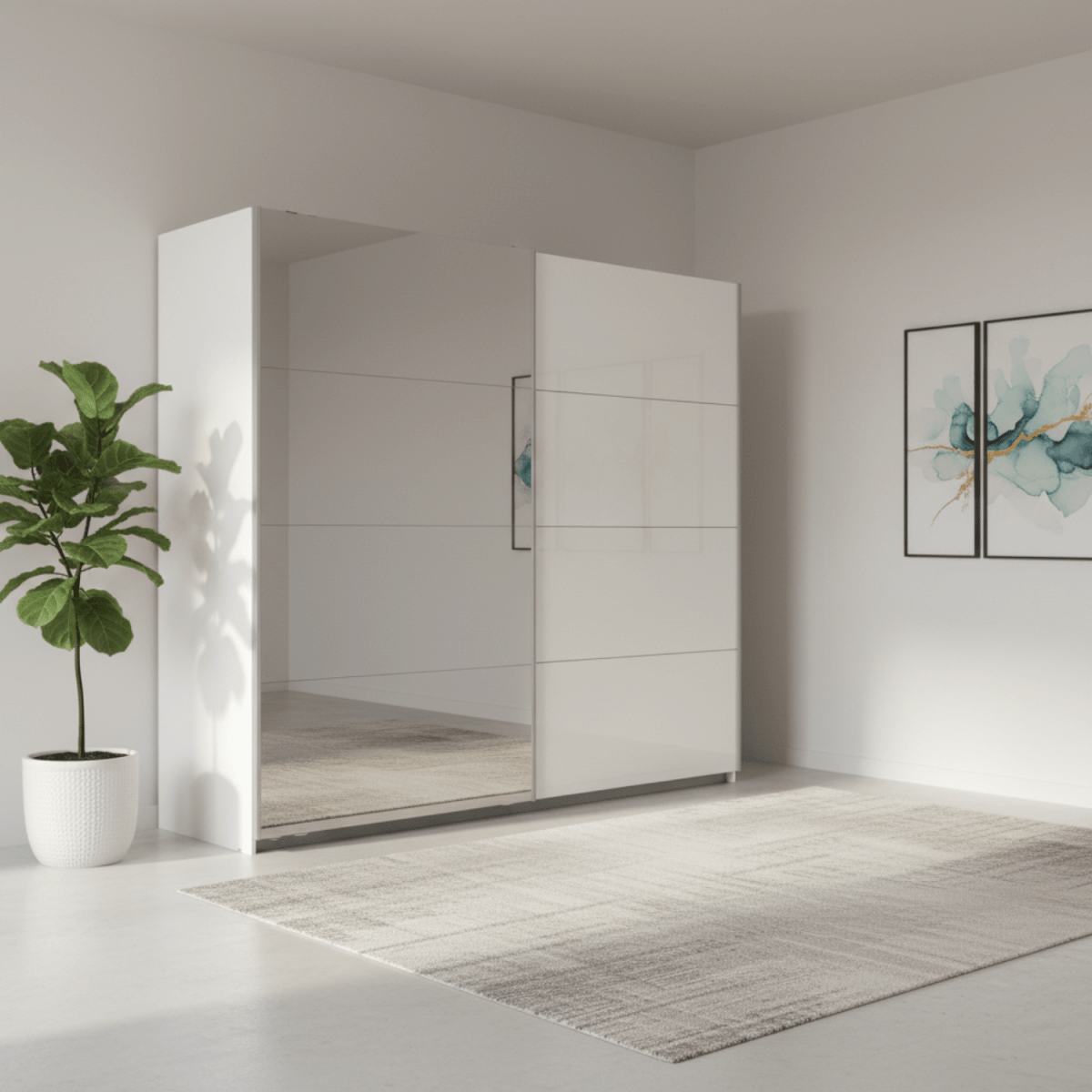 Modern interior with a sliding wardrobe door and decorative plant.