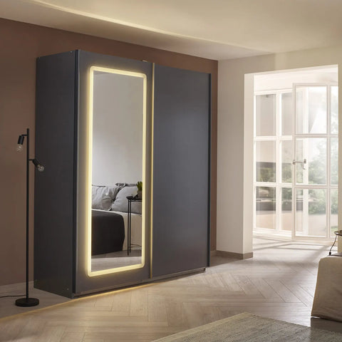 Arezzo Graphite 2 Door Sliding Wardrobe With Integrated LED Lighting - Pendle Village Furniture