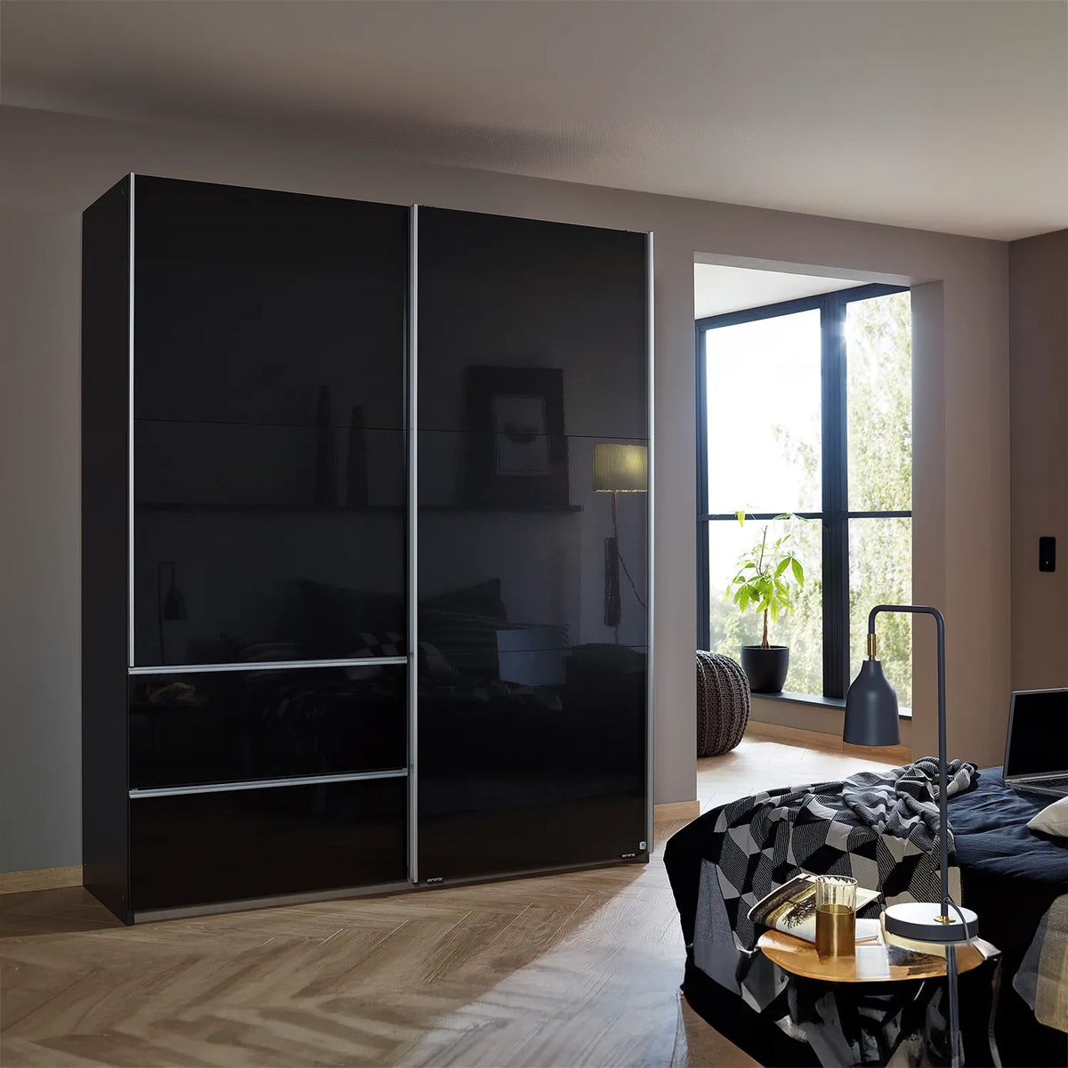 Elara Sliding Door Wardrobe with Drawers - Silver Handles - Pendle Village Furniture