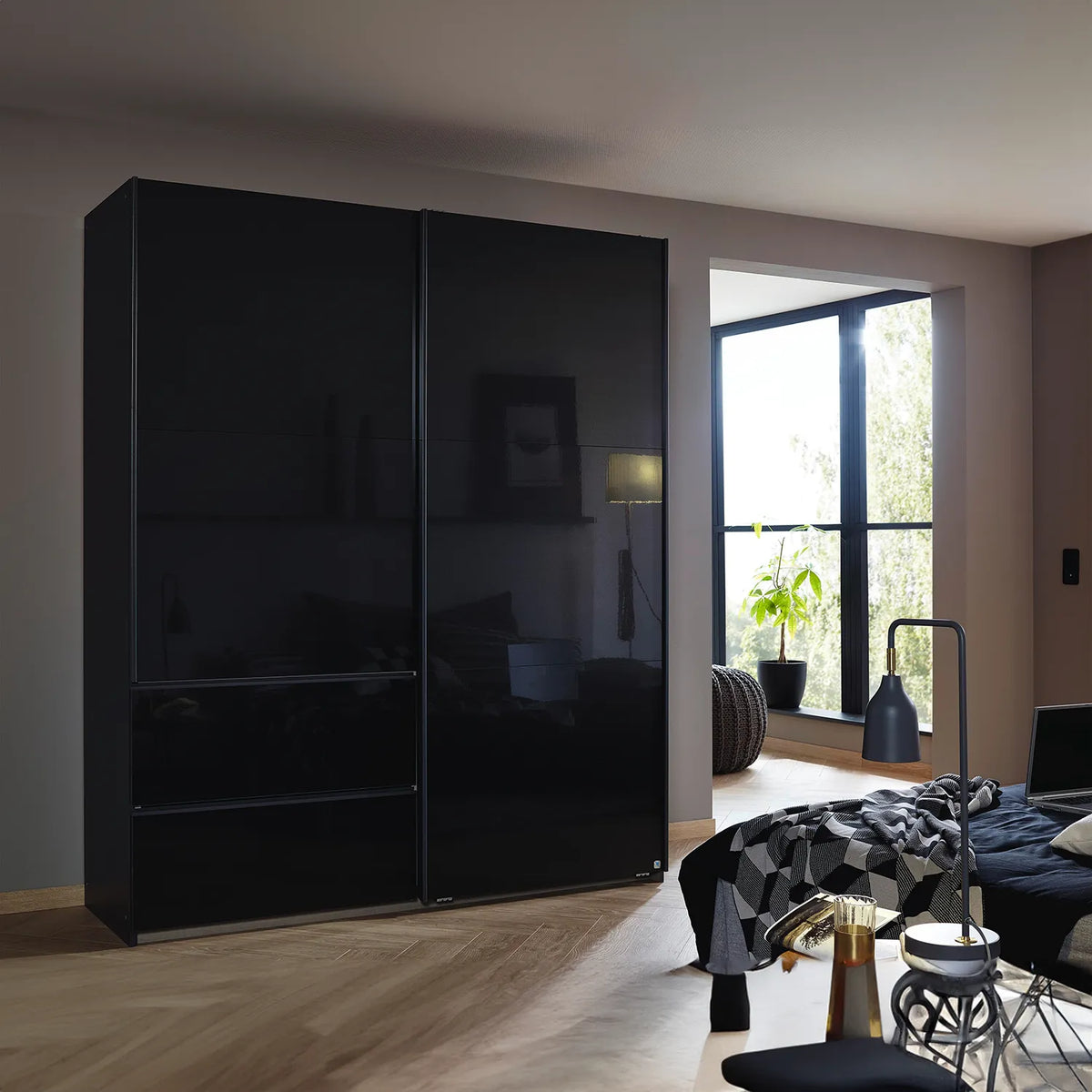 Elara Sliding Door Wardrobe with Drawers - Metallic Handles - Pendle Village Furniture