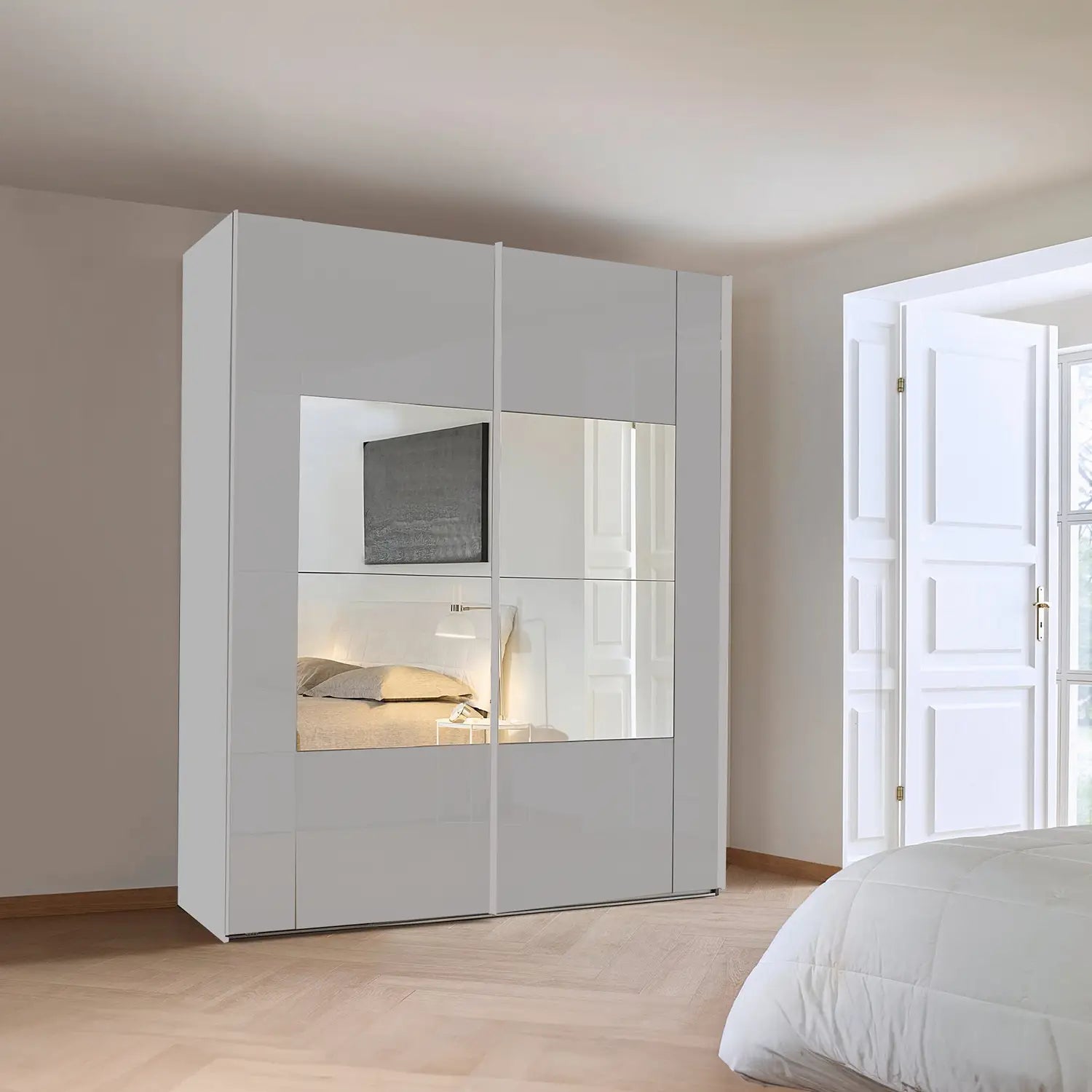 Rauch Silk Grey Glass Rio 226cm 2 Door Sliding Wardrobe, Dimensions: Width: 226cm, Height Available in 223cm and 235cm, Depth:68cm - Lifestyle Image