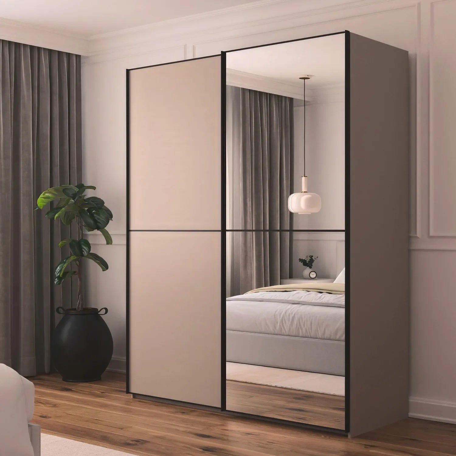 Supreme Duo Fango 2 Door Sliding Wardrobe with Mirror & Black Trim