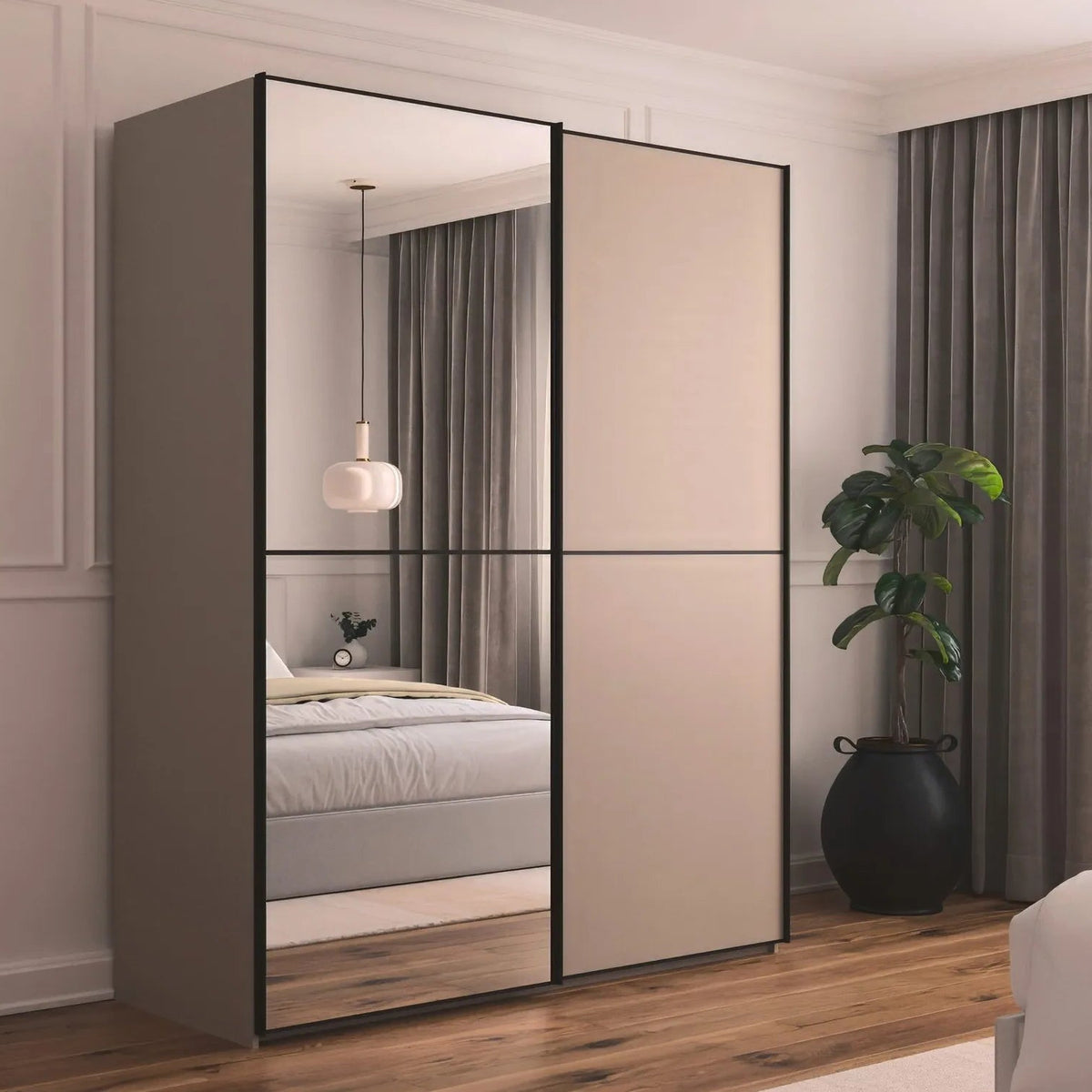 Supreme Duo Fango 2 Door Sliding Wardrobe with Mirror & Black Trim
