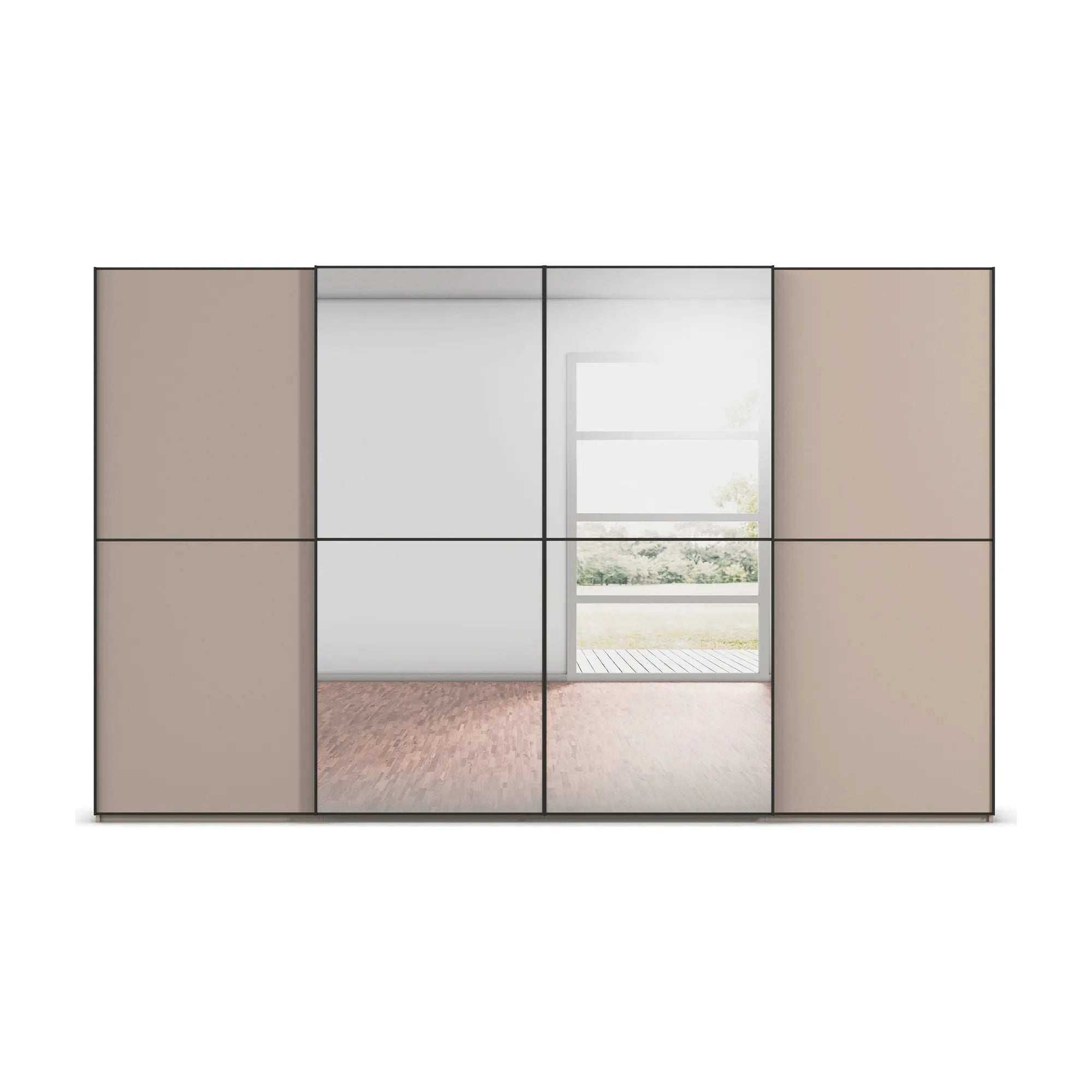 Supreme Duo Fango 4 Door Sliding Wardrobe with Mirror & Black Trim