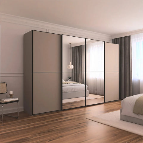 Supreme Duo Fango 4 Door Sliding Wardrobe with Mirror & Black Trim