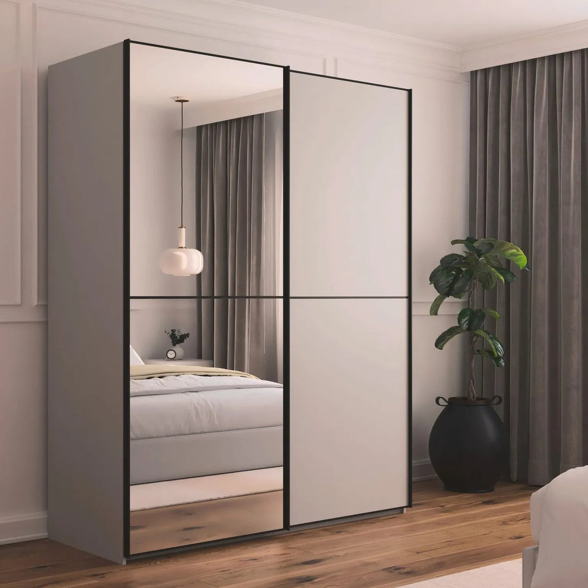 Supreme Duo Silk Grey 2 Door Sliding Wardrobe with Mirror with Black Trims and Door Handles available in 3 with sizes 160cm, 180cm and 200cm