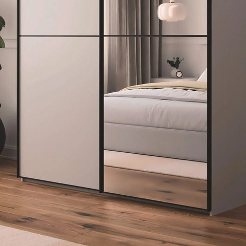 Supreme Duo Silk Grey 2 Door Sliding Wardrobe with Mirror & Black Trim