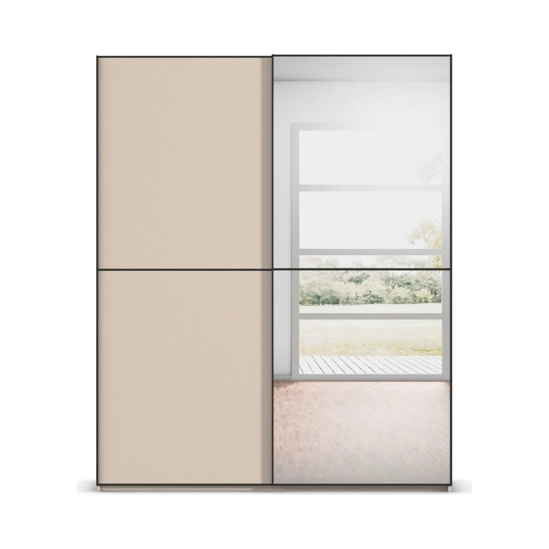 Front View of Supreme Duo Champagne 2 Door Sliding Wardrobe with Mirror with Black Trims and Door Handles