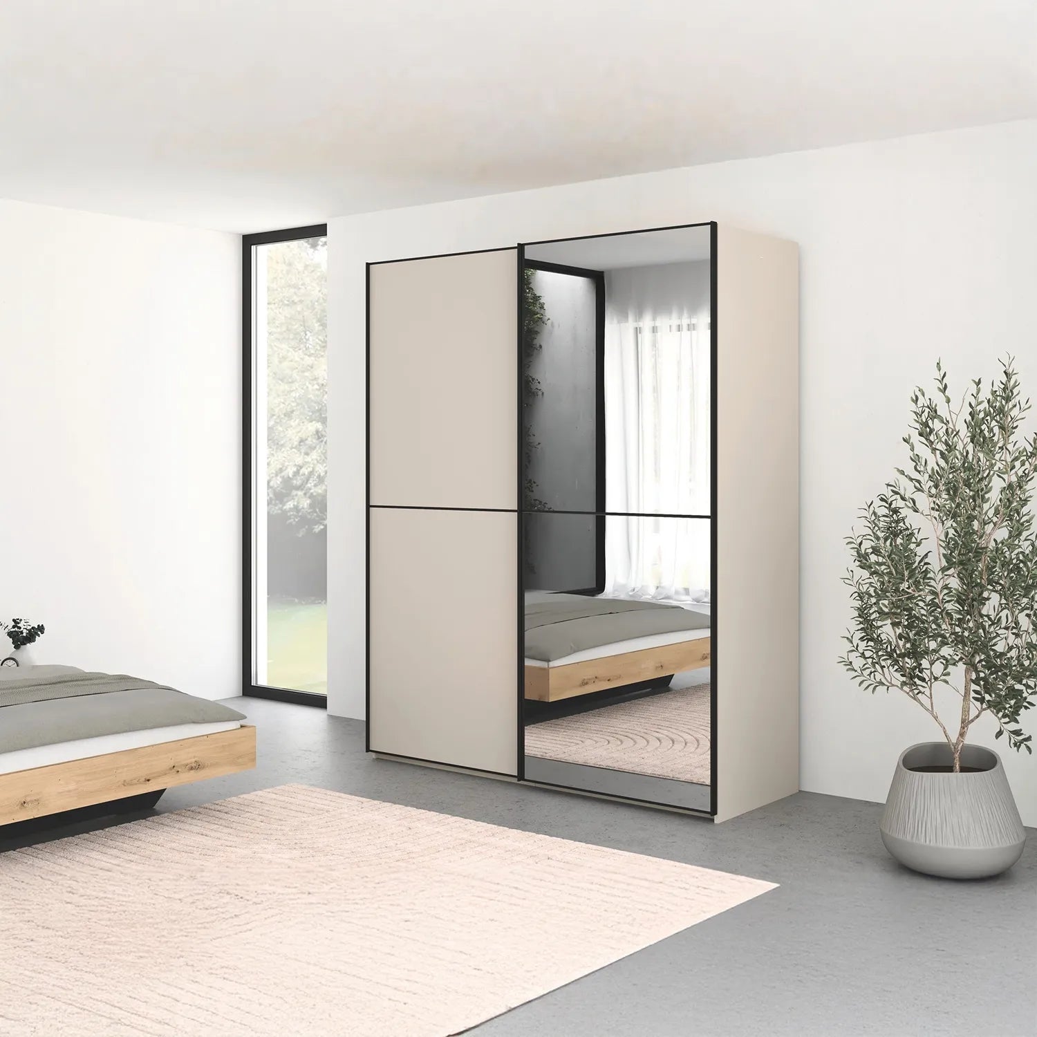 Rauch Black Range Supreme Duo Champagne 2 Door Sliding Wardrobe with Mirror with Black Trims and Door Handles Available with size 160, 180 and 200cm 