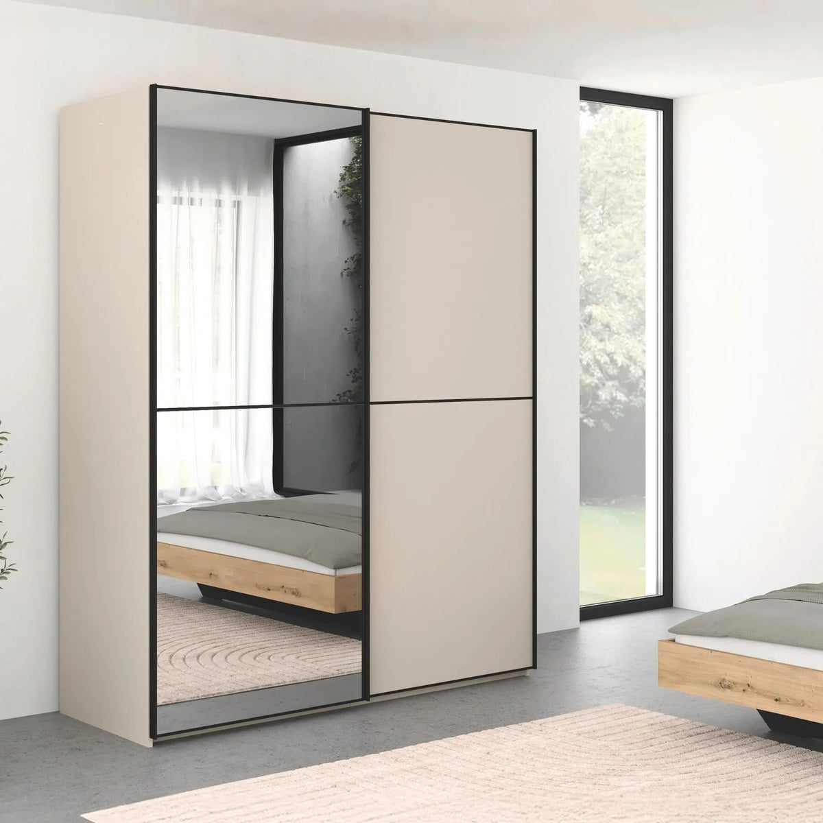 Rauch Black Supreme Duo Champagne 2 Door Sliding Wardrobe with Mirror with Black Trims and Door Handles Room Shot