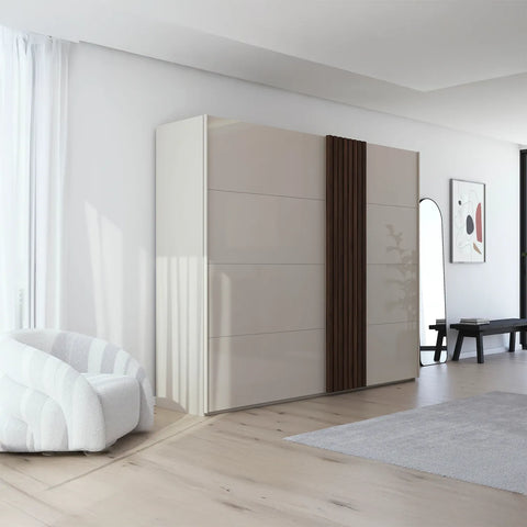 Rauch Tegra Fusion Champagne Glass and Walnut Oak Sliding Door Wardrobe - Pendle Village Furniture