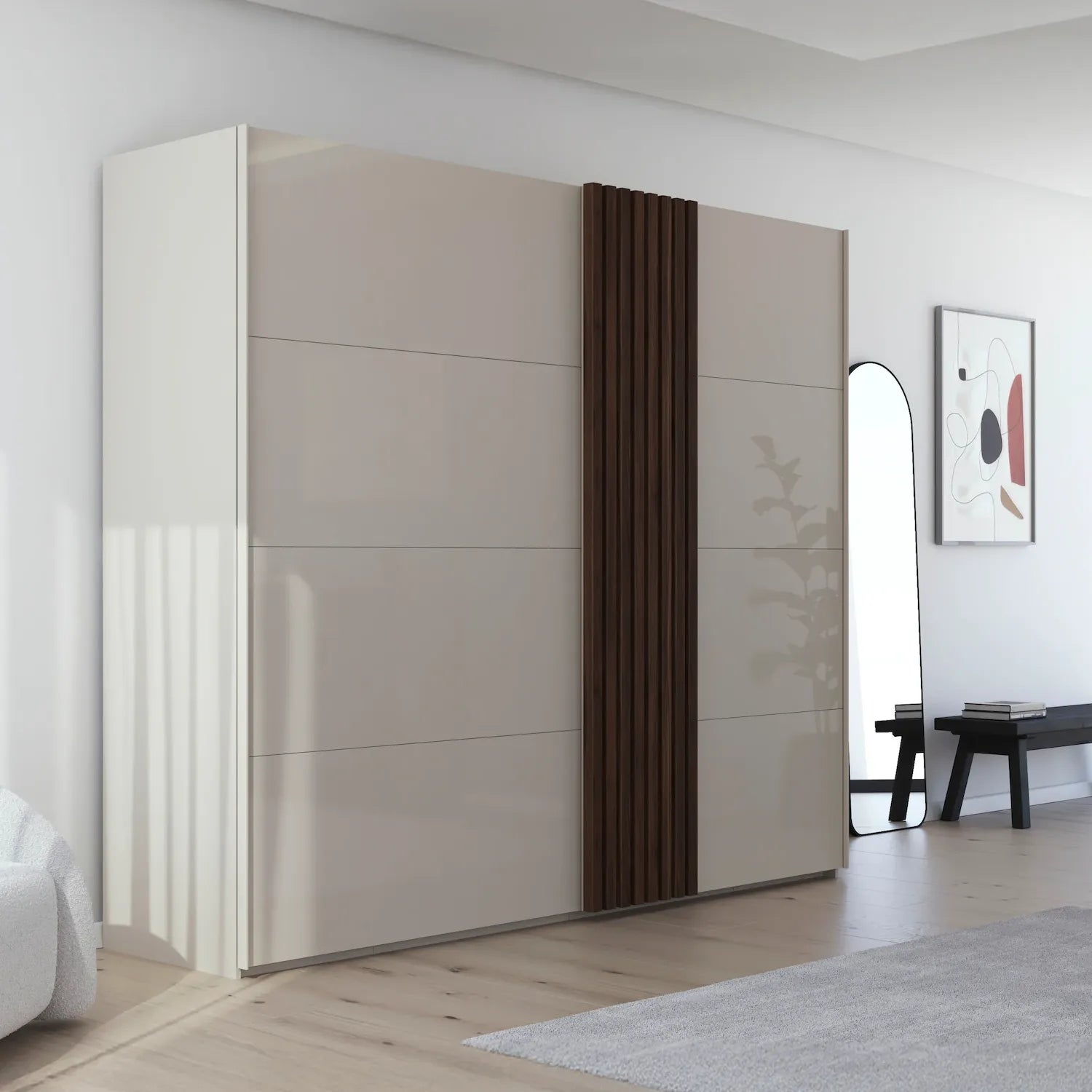 Rauch Tegra Fusion Champagne Glass and Walnut Oak Sliding Door Wardrobe - Pendle Village Furniture