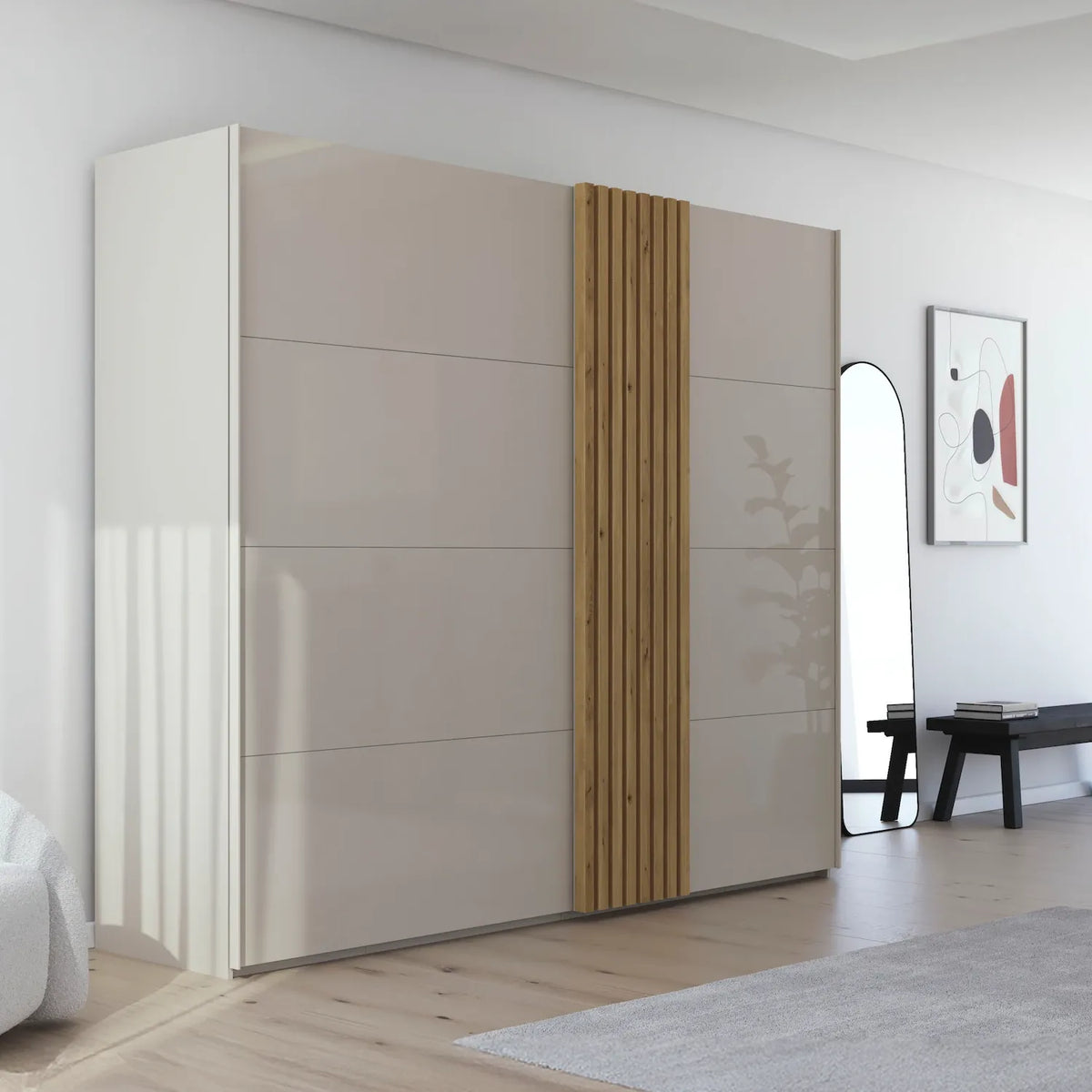 Rauch Tegra Fusion Champagne Glass and Wild Oak Sliding Door Wardrobe - Pendle Village Furniture