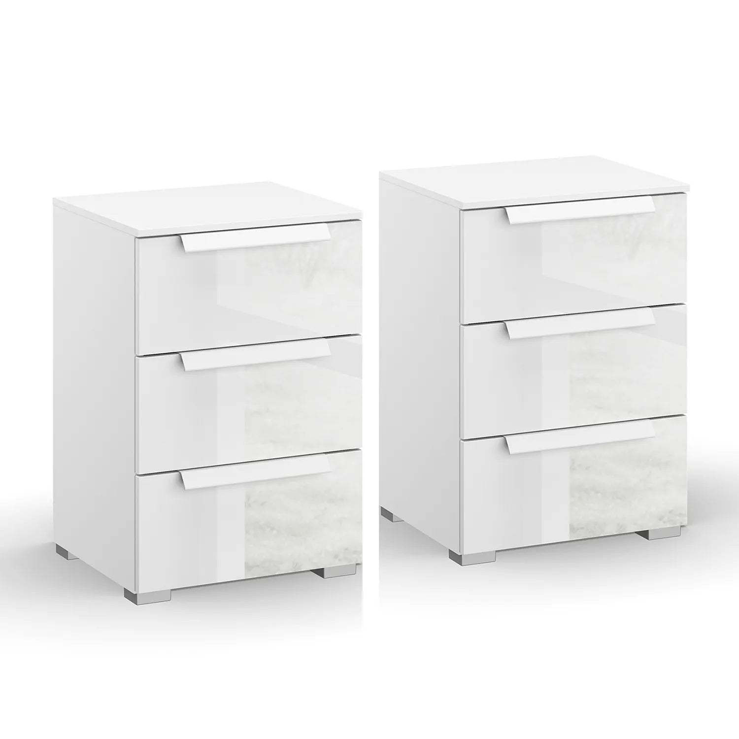 Rauch 3 Drawer White Glass Bedside Table Pair