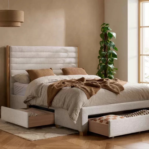 Double and king size velvet bed with tufted headboard and drawers.