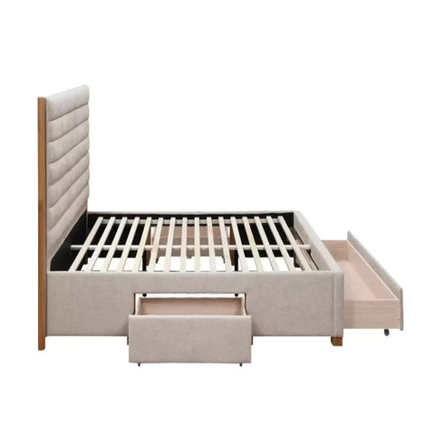 Modern storage bed with grey velvet upholstery and elegant design.