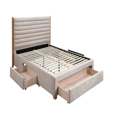 Functional storage drawers built into bed base for extra space.