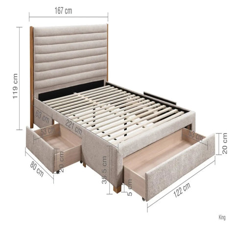 Detailed bed frame dimensions with headboard height information.