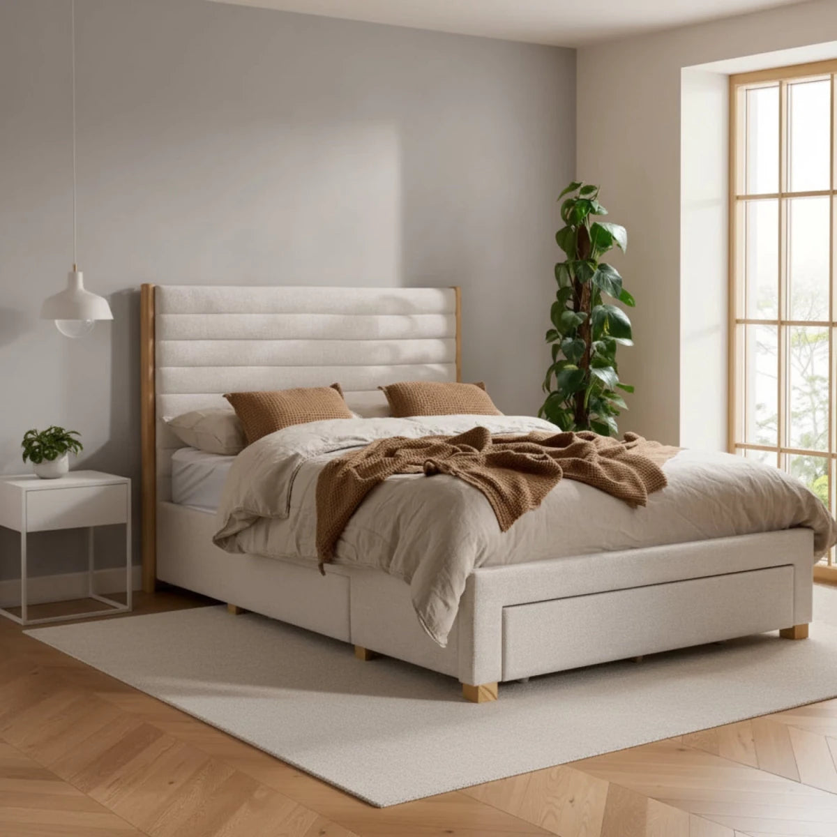 Grey velvet bed with tufted headboard and built in storage drawers.