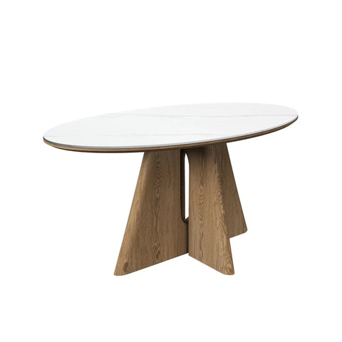 Modern dining table with white top and wooden legs on a white background