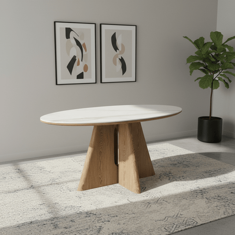 Reese Oval White Marble Effect Ceramic Dining Table – 160cm