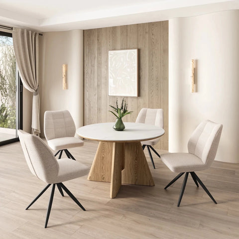 Shop the Reese 120cm Round White Marble-Effect Ceramic Dining Table with 4 Julio Ivory Fabric Swivel Chairs. Pocket-sprung comfort and modern style.