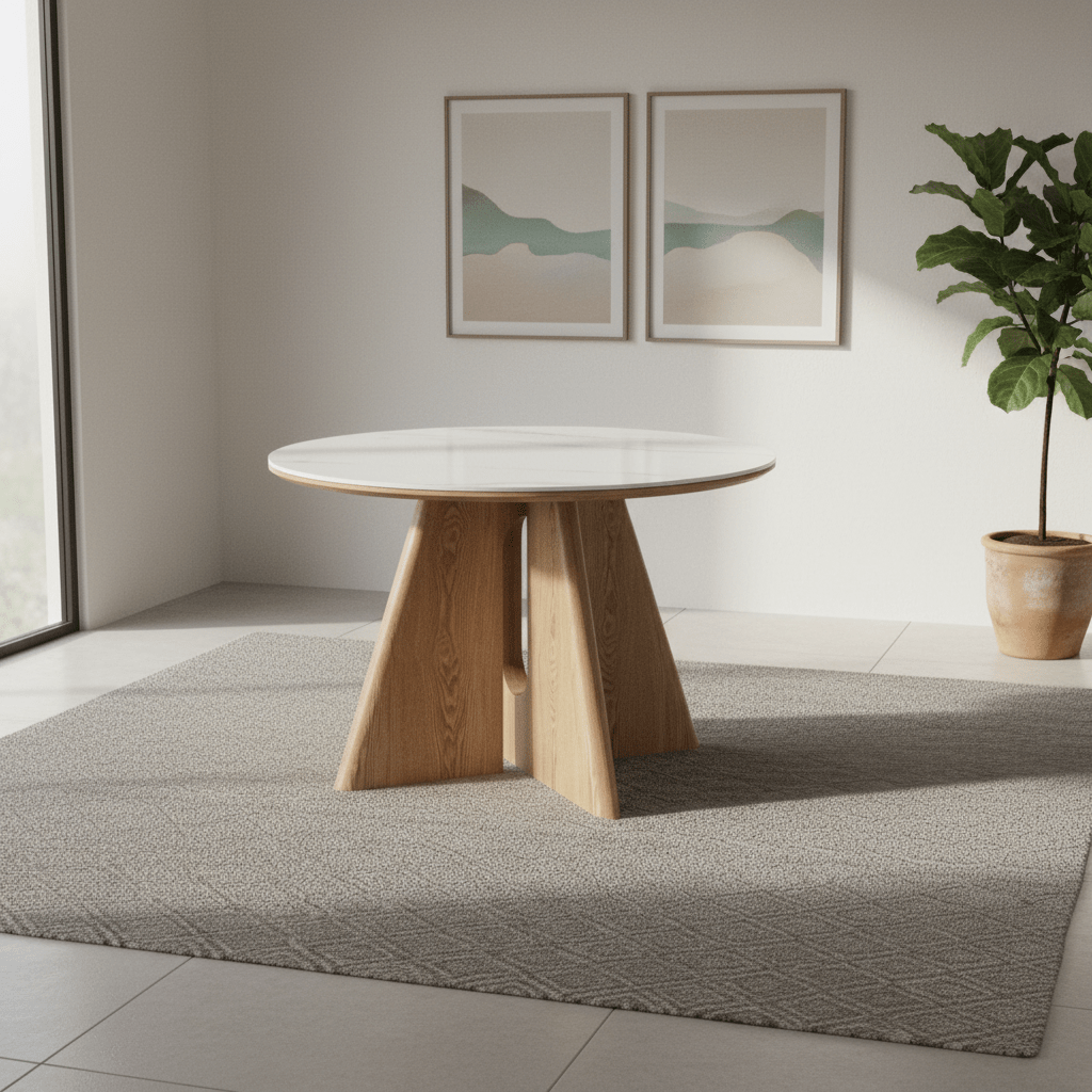Reese Round White Marble Effect Ceramic Dining Table – 120cm