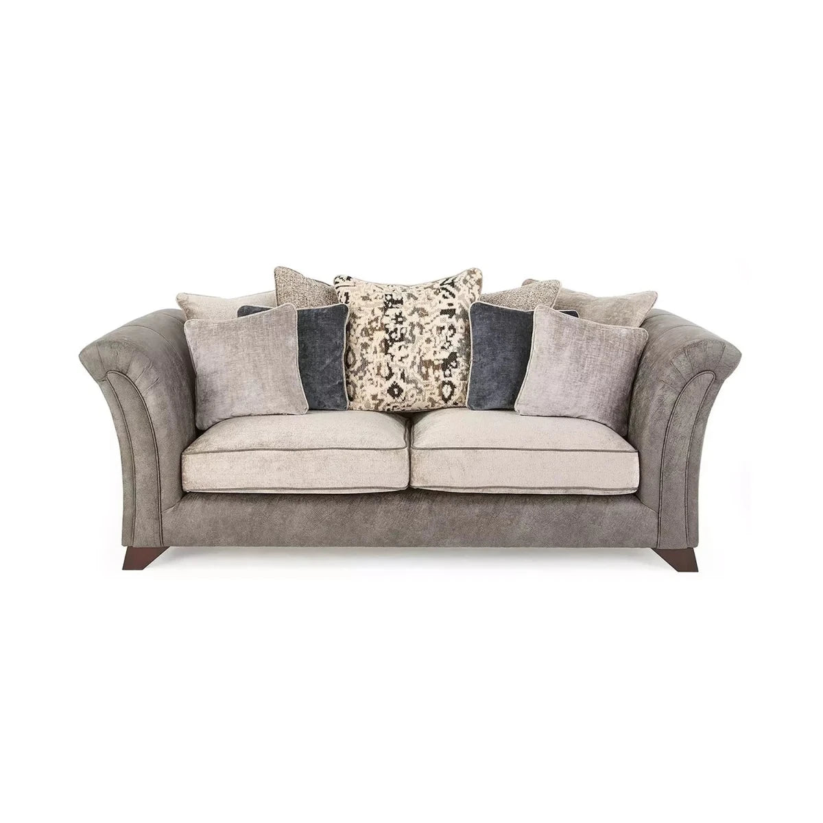 Contemporary 3 seater sofa with fibre back cushions and wooden legs.