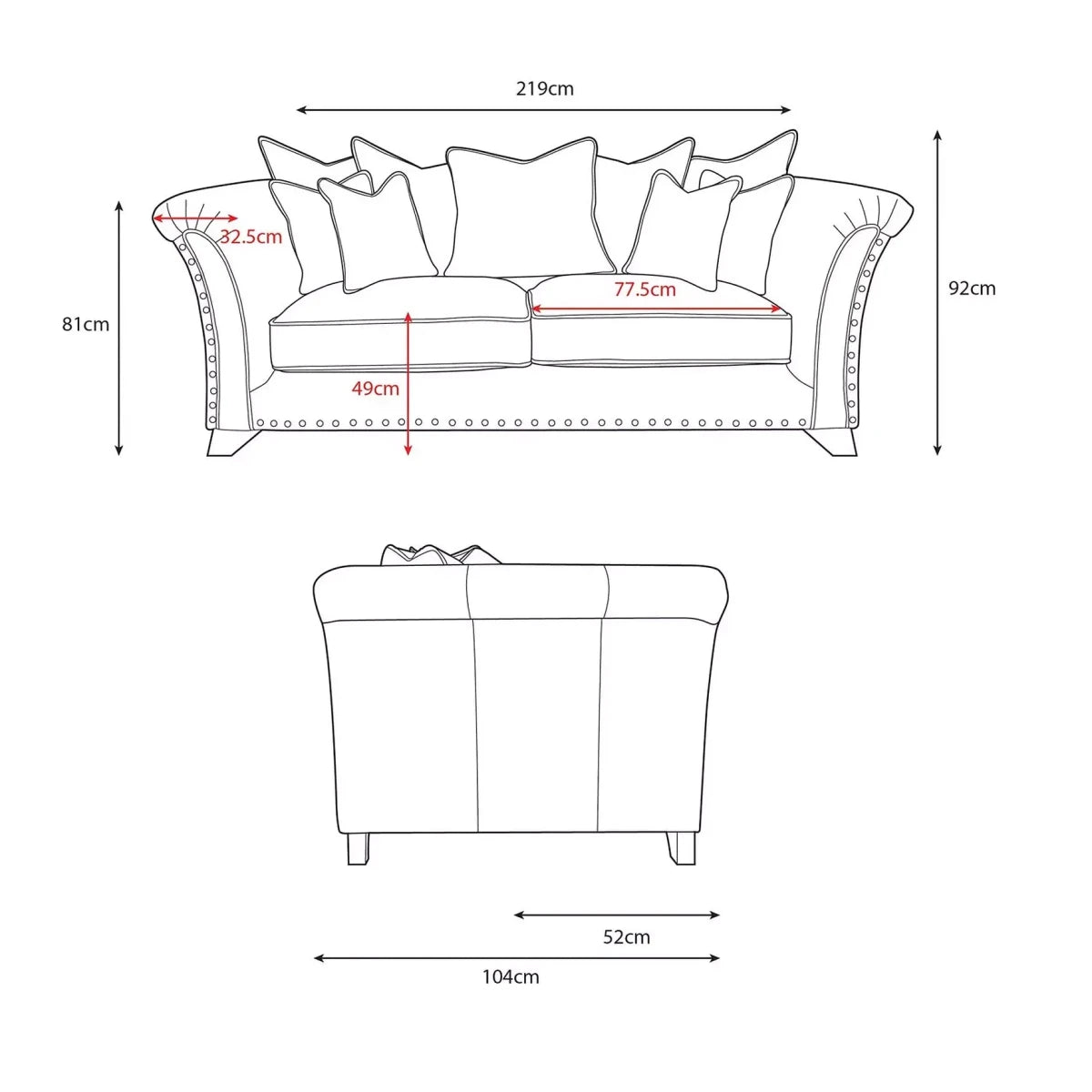 Contemporary 3 seater sofa with fibre back cushions and wooden legs.