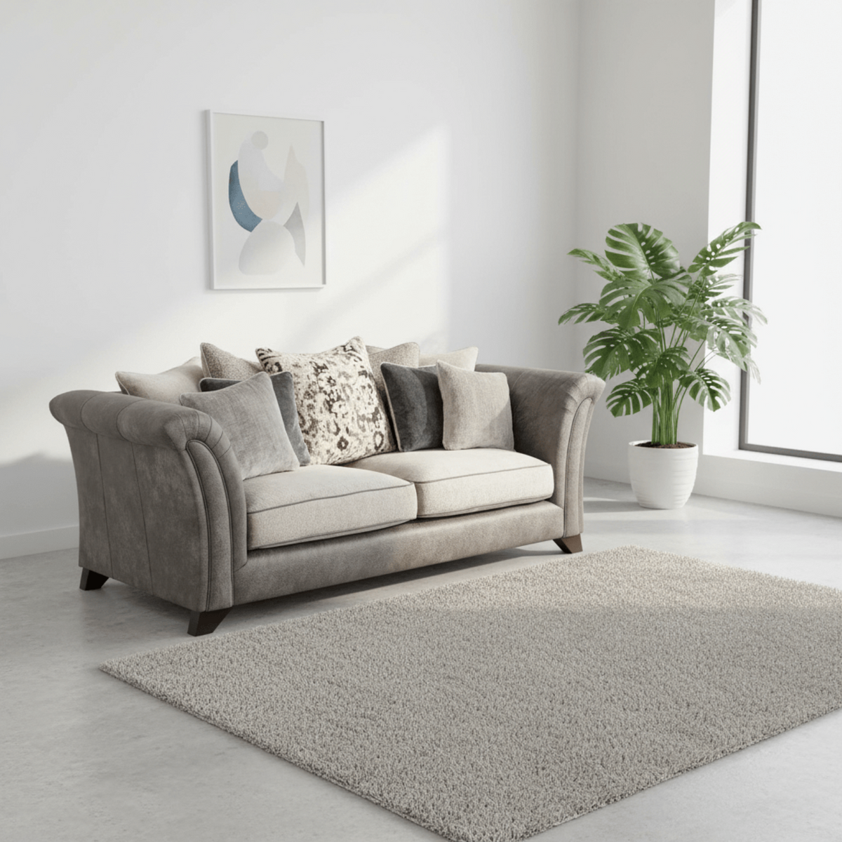Contemporary 3 seater sofa with fibre back cushions and wooden legs.