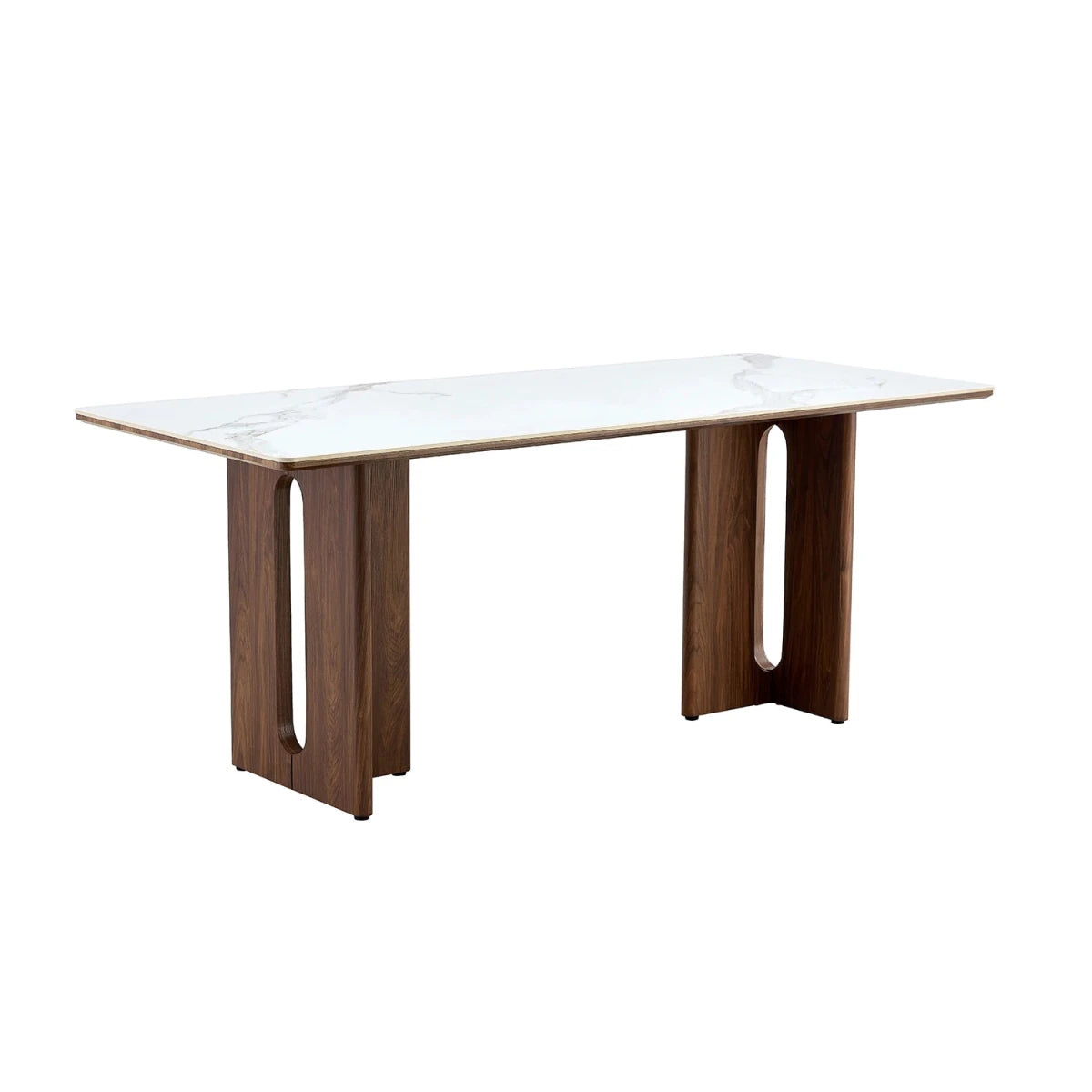 Dining table with white marble top and wooden legs on a white background