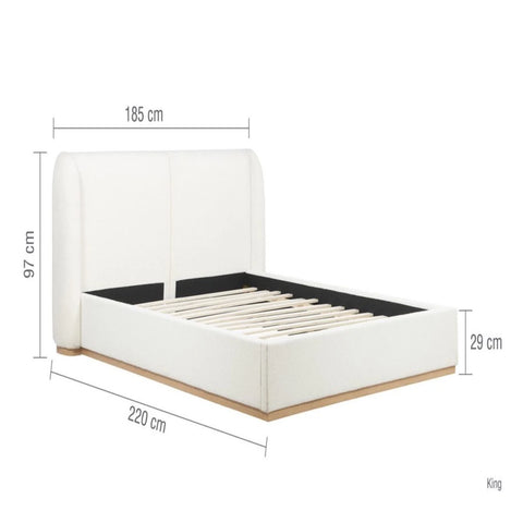 Upholstered bed size chart including width length and height.