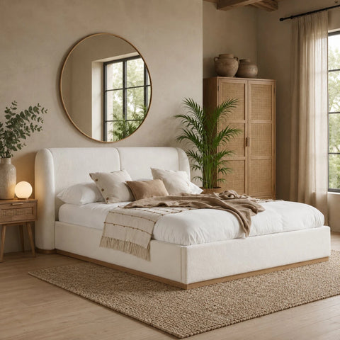 Elegant upholstered bed with curved headboard and plush boucle texture.