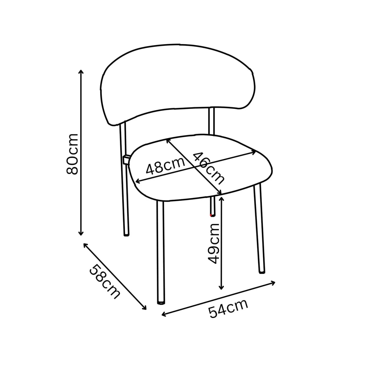 Black and white line drawing of a Ria dining chair with dimension labels showing height, width, and seat measurements in centimeters.