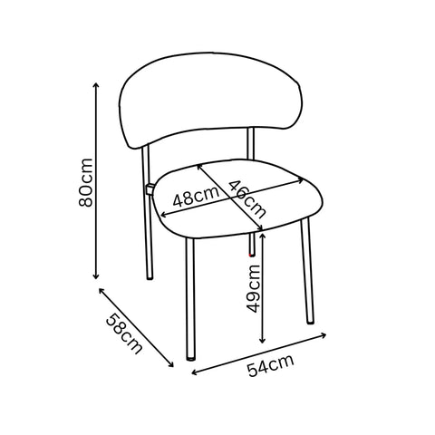 Black and white line drawing of a Ria dining chair with dimension labels showing height, width, and seat measurements in centimeters.