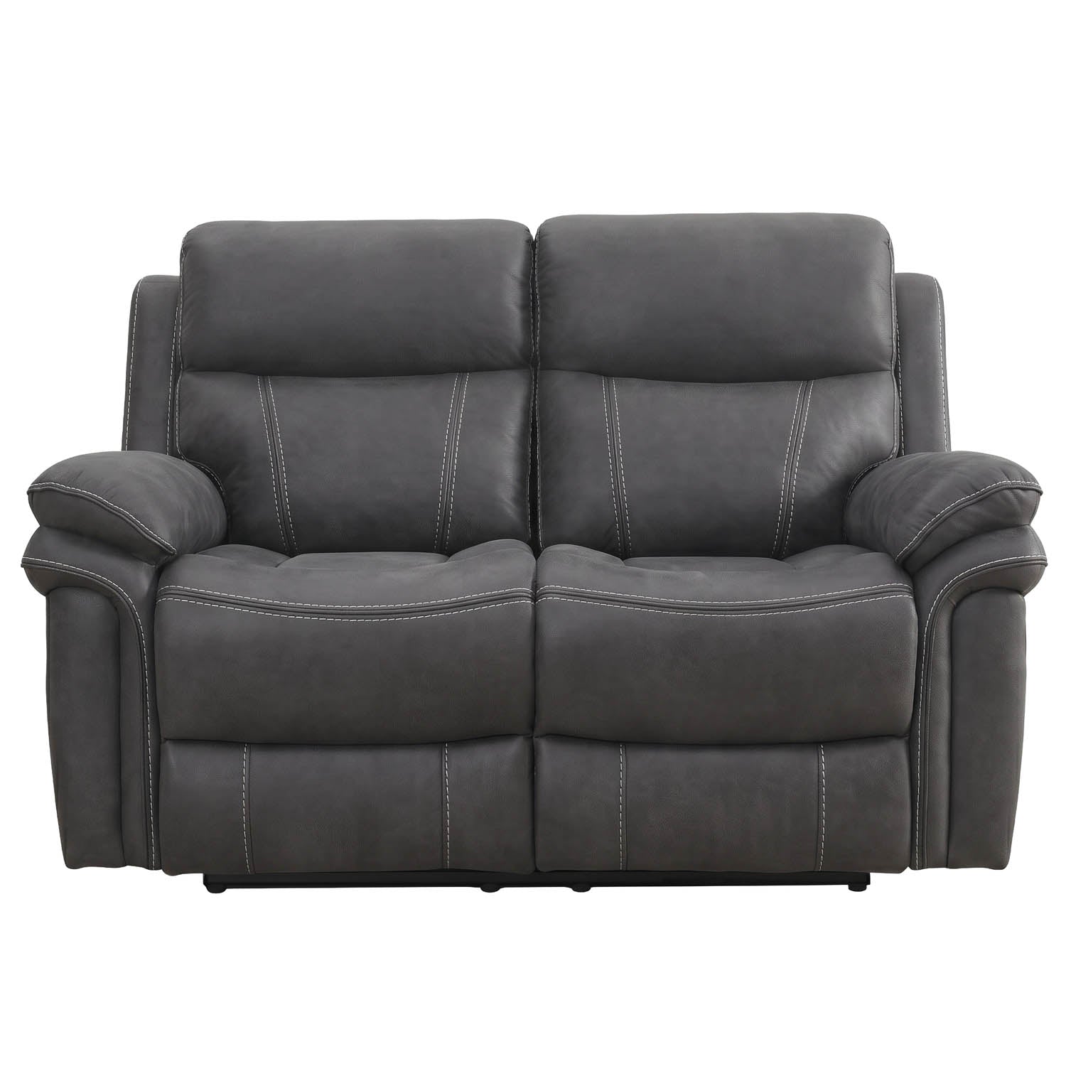 A dark gray upholstered reclining loveseat with dual seat cushions, padded armrests, and contrast stitching, shown against a plain white background.