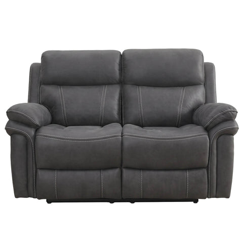A dark gray upholstered reclining loveseat with dual seat cushions, padded armrests, and contrast stitching, shown against a plain white background.