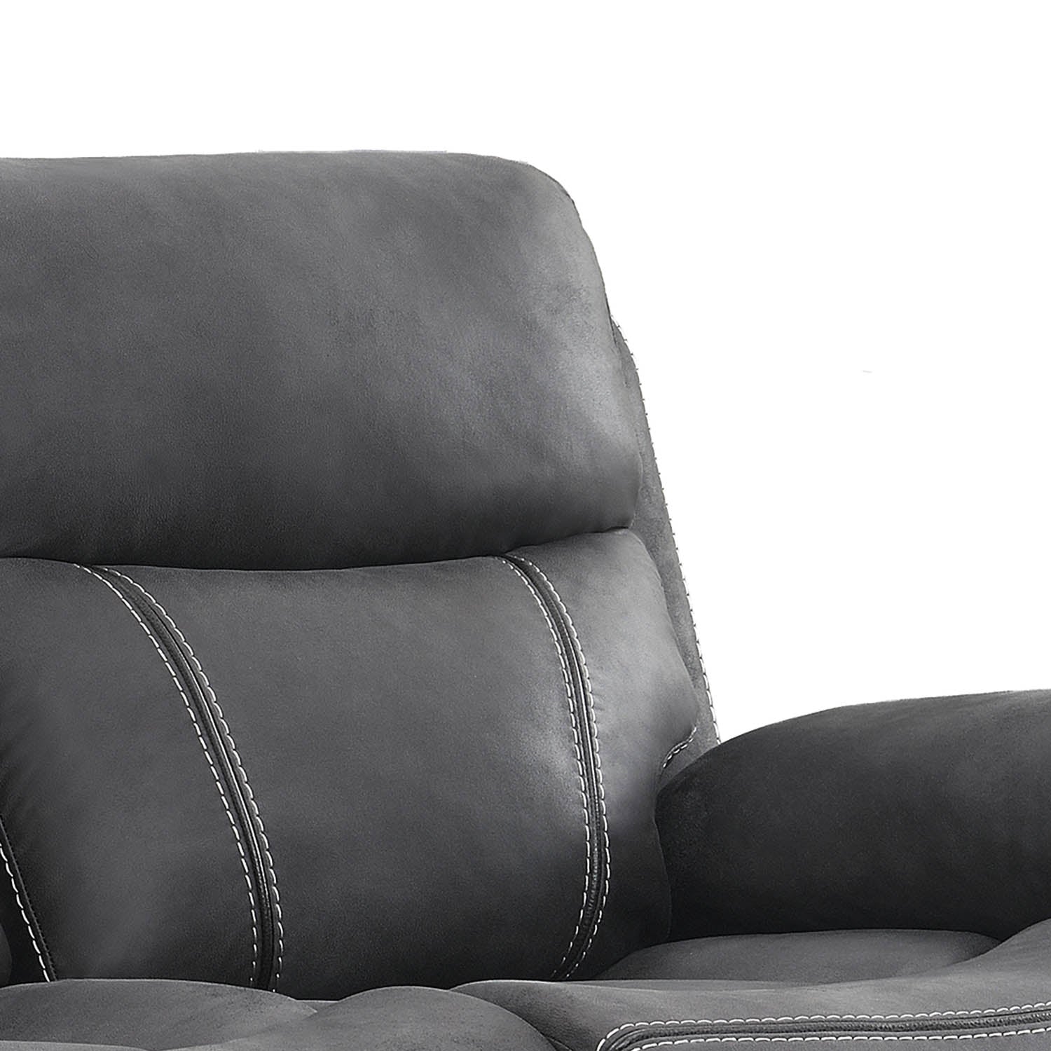 Close-up of a dark gray upholstered recliner chair showing the backrest, lumbar pillow, and armrest with contrast stitching against a white background.